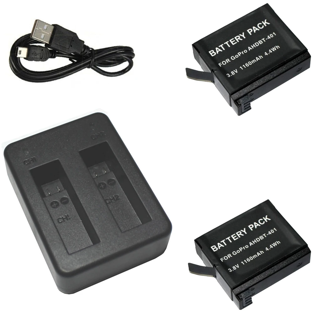 Новый AHDBT 401 2x1160 mAh для Gopro Hero 4 батареи Go Pro Hero4 bateria + двойное зарядное устройство USB