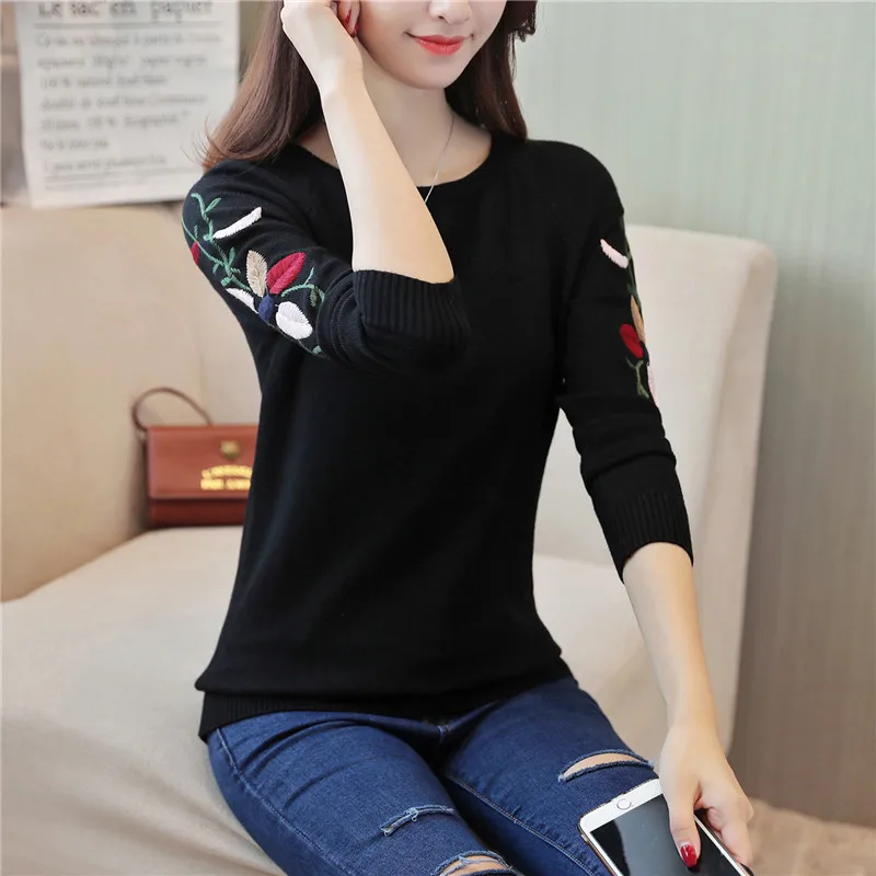 New Fashion 2019 Women Autumn Spring Embroidery Flower Sweater Pullovers Casual Warm Female Knitted Sweaters Pullover Lady | Женская