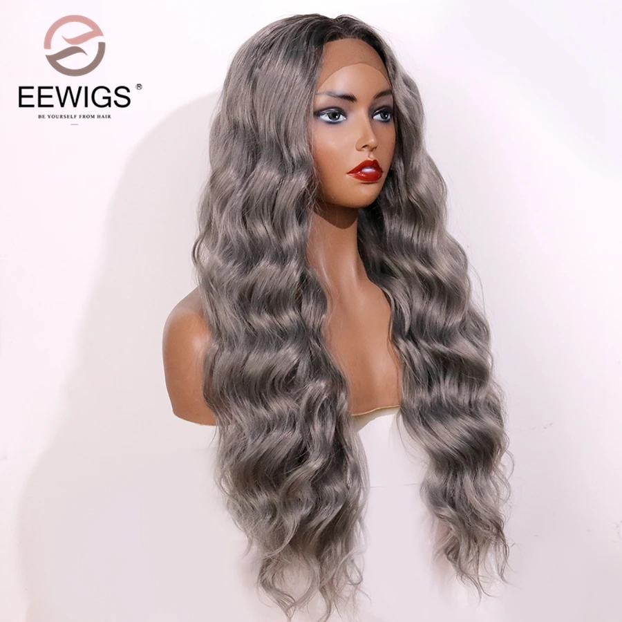 EEWIGS Glueless серый синтетический парик фронта шнурка 180% Плотность глубокая волна синтетические парики для женщин термостойкий платиновый блонд парик