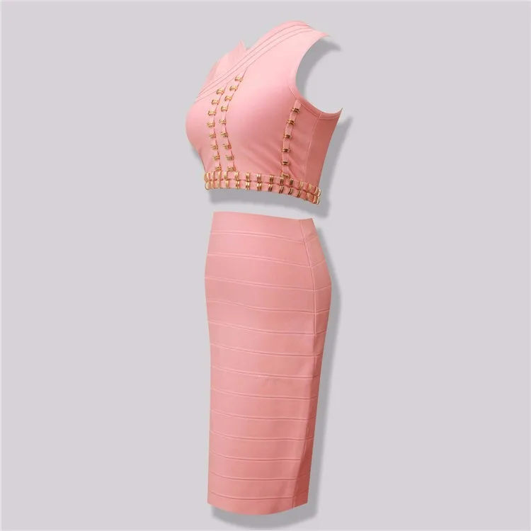 Высокое качество шипованных Двух Частей Бандажное платье 2016 новое телесного