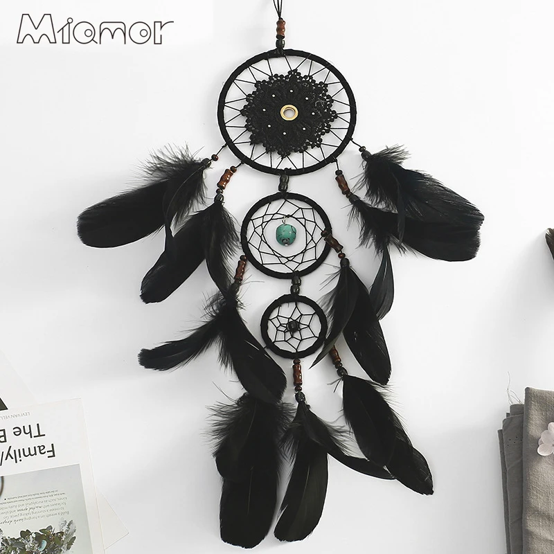 Большой бирюзовый Ловец снов ручной работы сетка с черными перьями бар и дома