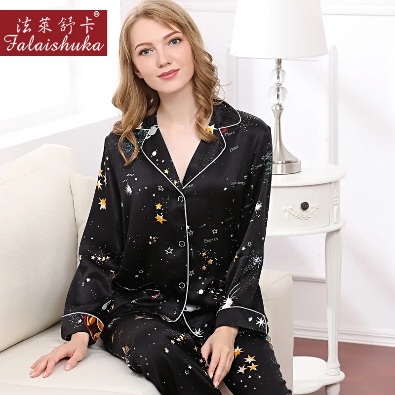 Heavy Silk Woman Pajamas Romantic Starry Sky Long-Sleeve 100% SILK Sleepwear Female Two-Piece Silkworm Silk Pyjama Sets T8161