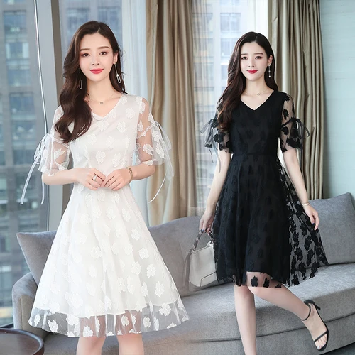 Summer Korean Lace Patchwork Mesh Elegant Dress Women Transparent White Embroidery V-neck Women's Clothing A-line Maxi Dresses | Женская