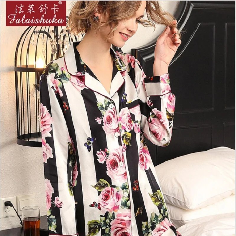 Women Summer Pajamas Set 2019 Floral print sexy night suit nightwear pijamas sexy sleepwear silk stain long sleeve pant homewear
