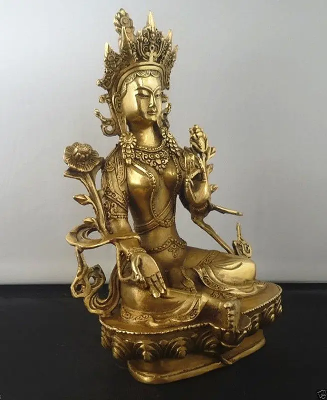 Тибетский буддизм медный зеленый Tara Godness Kwan-yin статуя Будды | Дом и сад