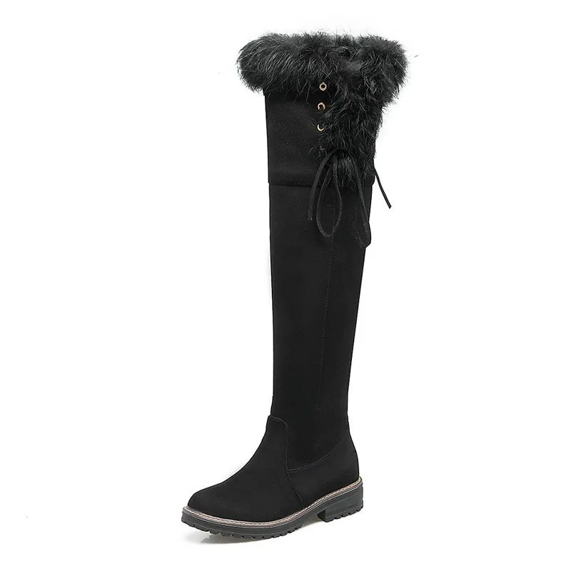 Black Short Plush Зимние сапоги до бедра женская зимняя теплая обувь на меху на низком каблуке Женские Сапоги выше колена с перекрестными ремешками черного, коричневого, красного, серого цвета, A283 - Цвет: Black Short Plush