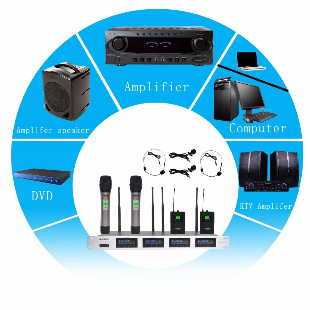Freeboss 4 Way 4*100 каналов PLL ИК частота UHF беспроводной микрофон с 2 металлическими ручками 2 тела пакет передатчик KTV Mic