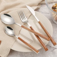 creative 304 stainless steel tableware set glossy wood silver dinnerware sets western food knife fork teaspoon cutleries 4pcs
