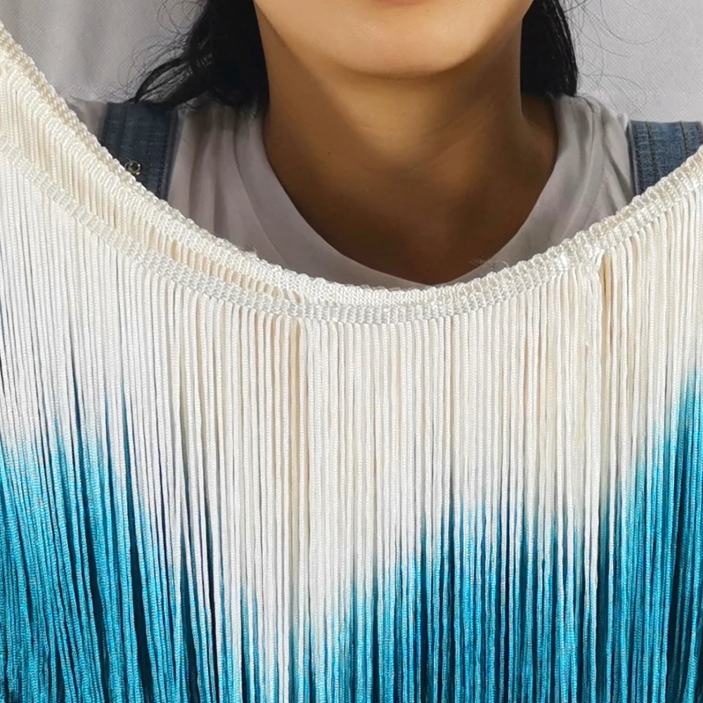 YACKALASI, 5 ярдов, латинское платье с бахромой, Dip Dye, латинское платье, макраме, кружево, Samba, Одежда для танцев, отделка, шитье, отделка, белый/синий