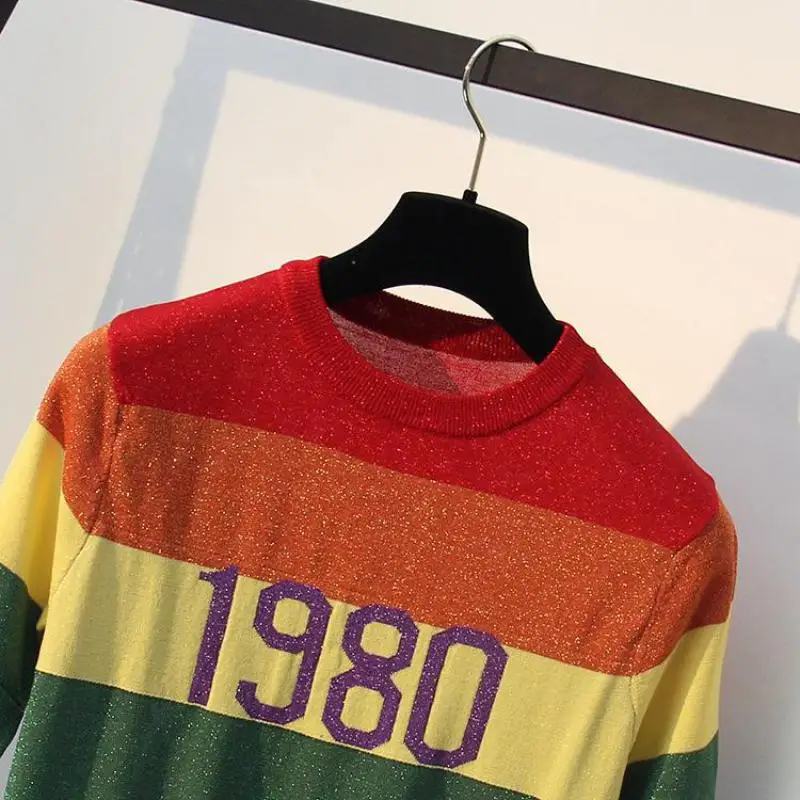Lurex Rainbow Color Sweaters For Women 2020 Summer O-neck Short Sleeve Female Pullovers Knitting Tees Ladies Tops Knitted Shirts | Женская