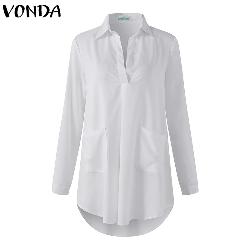 VONDA, женская блузка, рубашка, осень, сексуальная, для беременных, элегантная, v-образный вырез, длинный рукав, асимметричные карманы, для беременных, топы, Blusas Femininas - Цвет: White