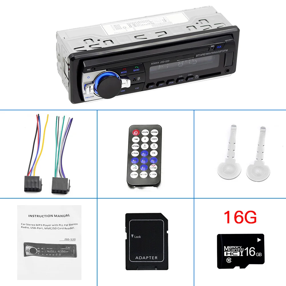 Thick and 16G Card Авторадио JSD-520 авто стерео 1 Din автомагнитола 12 в bluetooth V2.0 FM Aux Входной приемник автомобильный аудио SD USB MP3 MMC WMA JSD 520 - Цвет: Thick and 16G Card