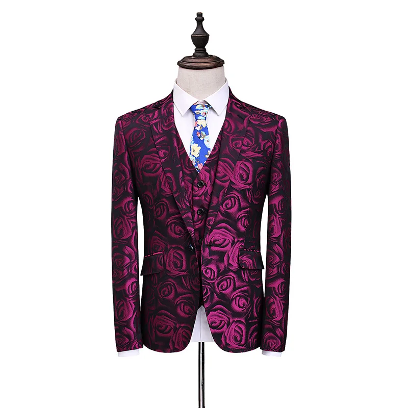 JZ CHIEF Men 3 Piece Slim Fit Suit Wedding Dress Brand Suit Single Button Jacket Pants Vest 5xl Big Size Floral Suits Male Coat
