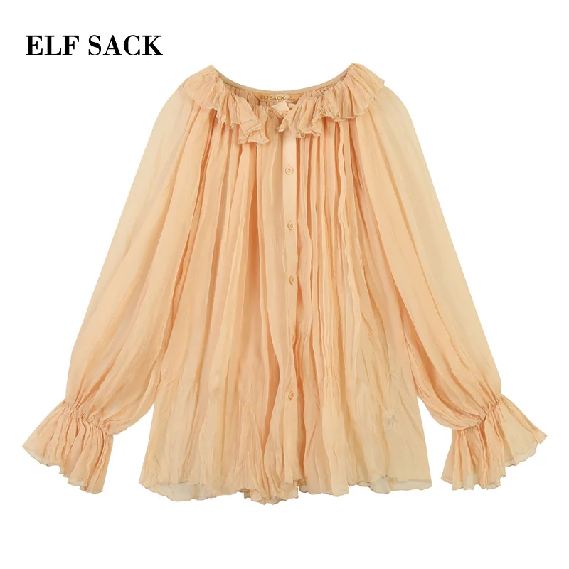 ELFSACK 2019 Spring New Chiffon Blouse Woman Casual Knitted O-Neck Women Shirts Lace Flare Sleeve Oversized Ladies | Женская одежда
