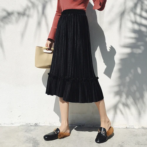 Женская Вельветовая юбка TingYiLi плиссированная длинная с высокой талией черного