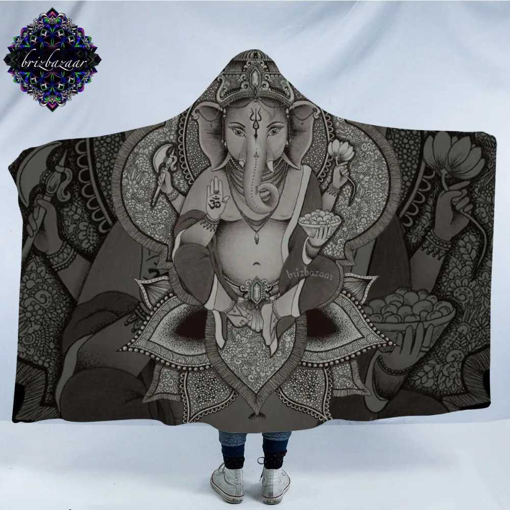 

Brizbazaar Hooded Blanket Boho Elephant Bodhisattva Universe Sherpa Wearable Blanket Ethnic God Throw 150x200cm