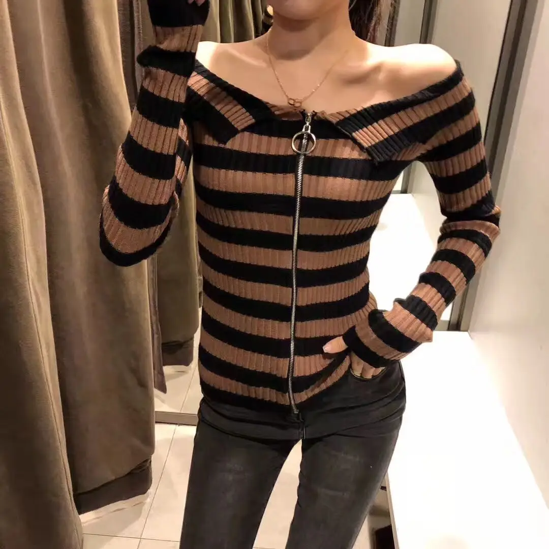 

Hot Sale 2018 Spring New Fashion Computer Knitted Sweater Women Long Sleeve Word Collar Stripes Zipper Slim Women