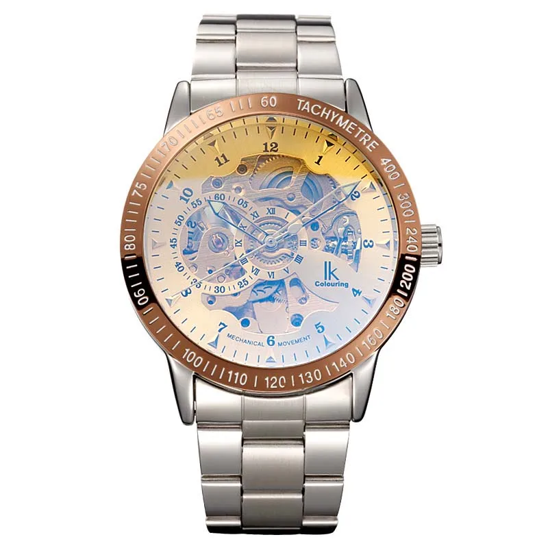 Разноцветные мужские часы IK Серебристый Стальной ремешок золотистый скелет