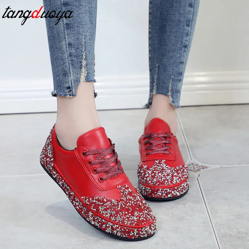 Женская обувь со стразами Повседневные женские кроссовки на платформе Кожаные