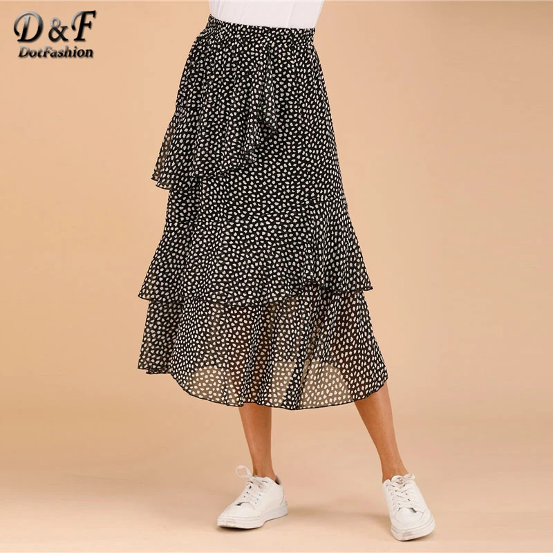 Dotfashion черно-белая многослойная юбка с принтом для женщин Лето Бохо весна Дамская мода трапециевидная Юбка со средней талией