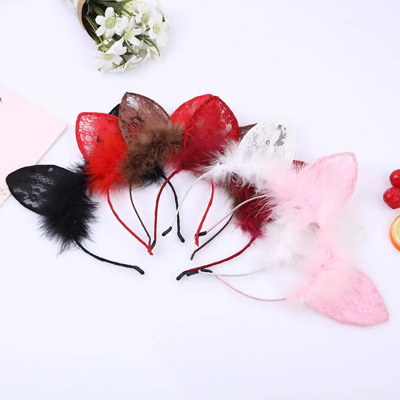 Повязка на голову с пушистыми перьями и кружевными кошачьими ушками| |
