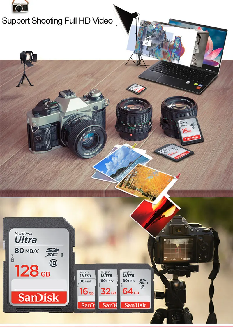 SanDisk SD карта 16 Гб оперативной памяти, 32 Гб встроенной памяти, 64 ГБ 128 ГБ 256 Гб карта памяти 80 МБ/с. U1 170 МБ/с. U3 V30 4 K для цифровой зеркальной камеры Canon Nikon SLR Камера съемки видео в формате 4 K