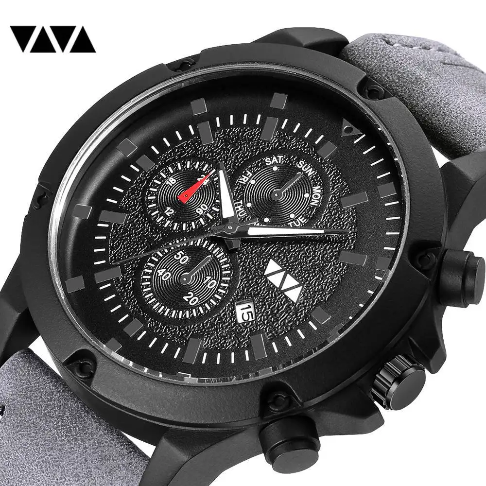 Спортивные мужские большие часы модные топовые кожаные кварцевые