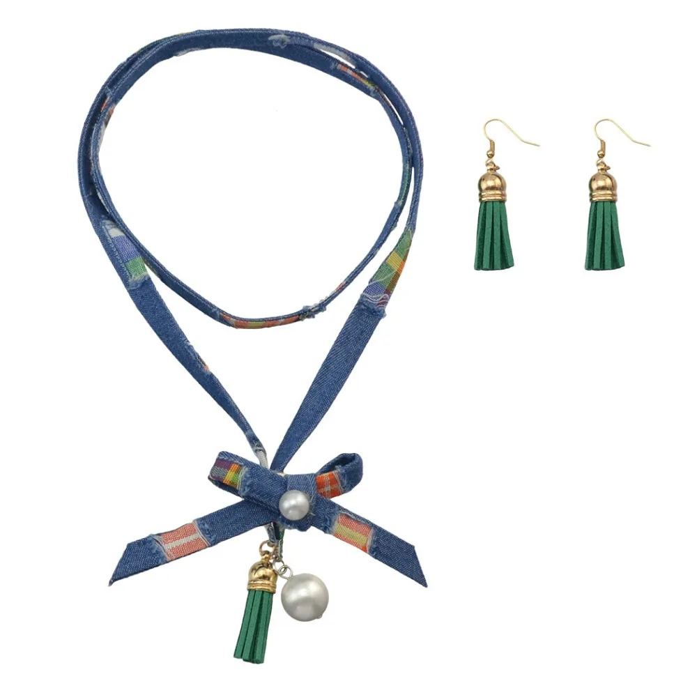 Elegant Boho Gypsy Green Red Tassel Pearl Beads Choker Necklace &amp Earring Jewelry Sets Women Cocktail Party Birthday Gift | Украшения и