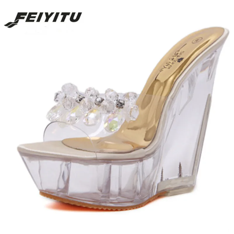 FeiYiTu/женские шлепанцы высокого качества; сезон лето; прозрачные модельные туфли для подиума; свадебные туфли на высоком каблуке 14 см; Туфли на танкетке