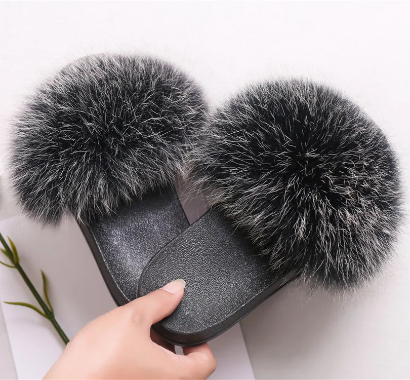 Тапочки с натуральным мехом енота 2019 г. женские повседневные шлепанцы на плоской