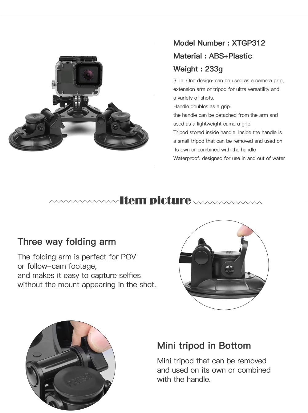 Автомобильное крепление на присоске для камеры GoPro Hero 7 6 5 4 HERO5 Session SJCAM SJ4000 SJ5000 Eken h9