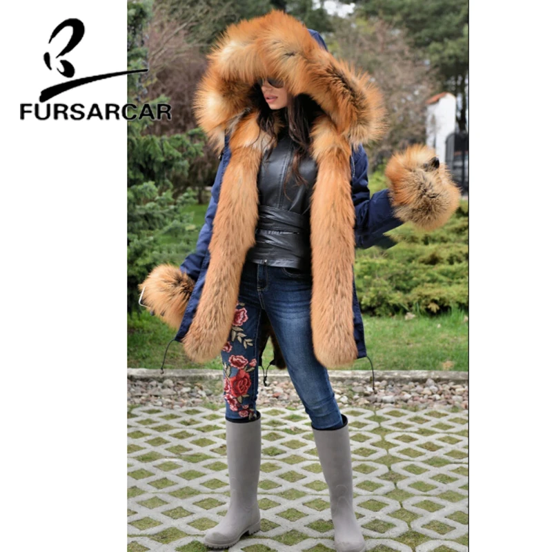 FURSARCAR New Style 2021 Real Fur Coat Parka Women With Big Gold Fox Fur Collar And Cuff Winter Luxury Thick Warm Fur Parka