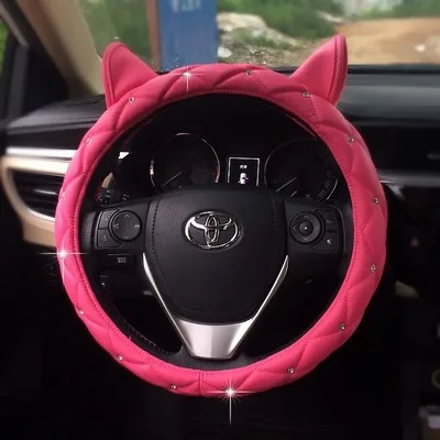 Pink Милые уши дизайн кожаный чехол на руль шипованные Стразы покрытый розовый чехол рулевого колеса автомобиля для девочек - Название цвета: Pink