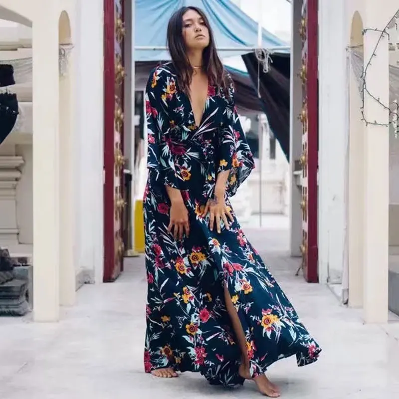 Женское платье в стиле бохо этническое винтажное с цветочным принтом хиппи весна