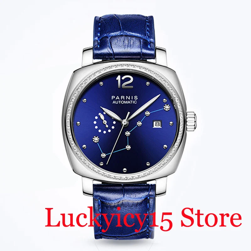 PARNIS Fashion Special Design Mechanical Automatic Men's Watch Royal Blue Dial 39mm Polished Leather Strap Sapphire Glass | Наручные