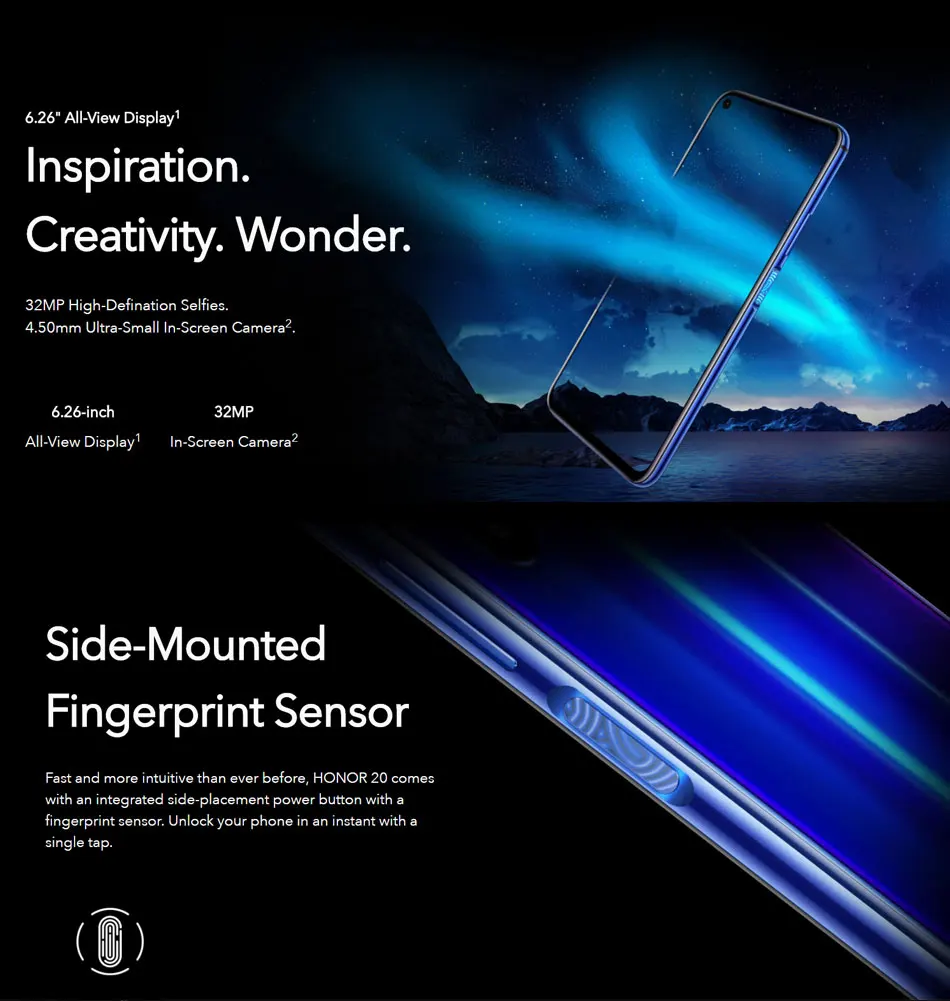 Мобильный телефон Honor 20, 6,26 дюймов, 8 ГБ ОЗУ, 256 Гб ПЗУ, Восьмиядерный процессор Kirin 980, супер зарядка, боковой отпечаток пальца, Android 9, NFC, смартфон