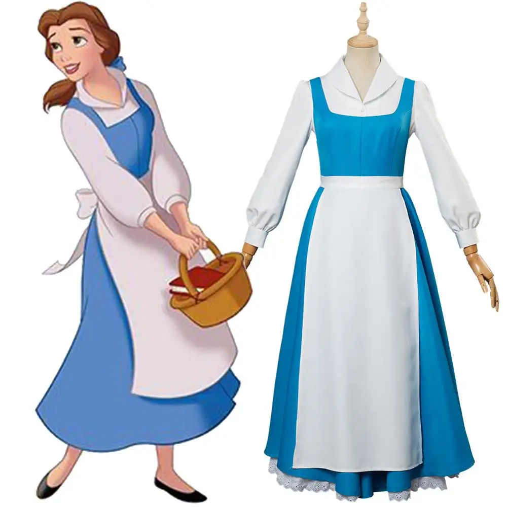 Косплей костюм принцессы Белль Красавица и чудовище синее платье горничной для