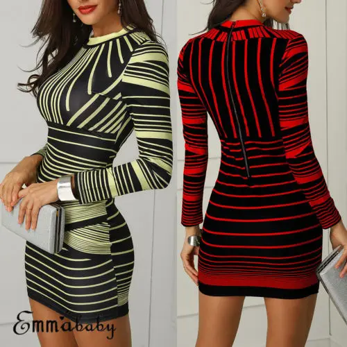 

US Sexy Women Bodycon Long Sleeve Stripe Cocktail Club Short Dress
