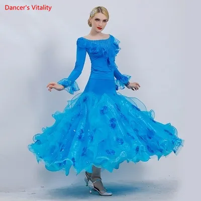 blue suit Для взрослых костюмы для бальных танцев костюм одежда с длинным рукавом Топы+ юбка большого размера 2 шт./компл. для Для женщин, латинских танцев; вальса; Танго; танцевальный костюм для выступлений - Цвет: blue suit