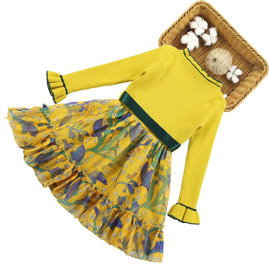 Платья-свитера для девочек детское платье с цветочным узором осенне-зимнее