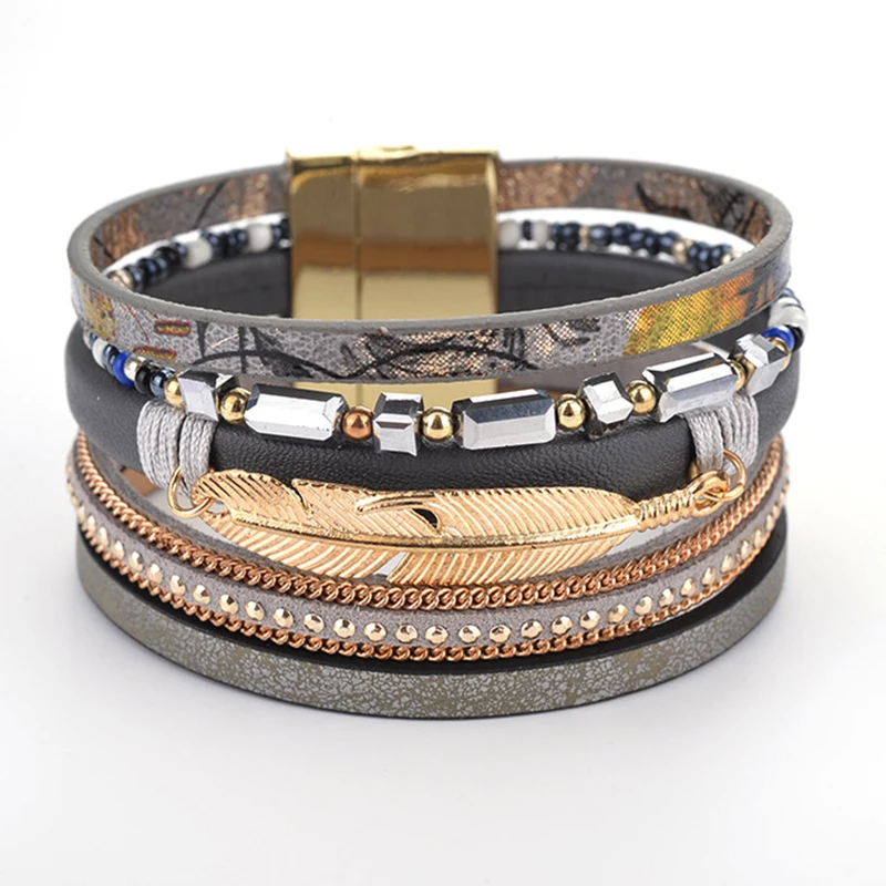 2019 New Fashion Trendy Bracelet Long Crystal Charm Leather Wrap Bracelets &amp bangles For Women Multilayer Rhinestone VB879 | Украшения и