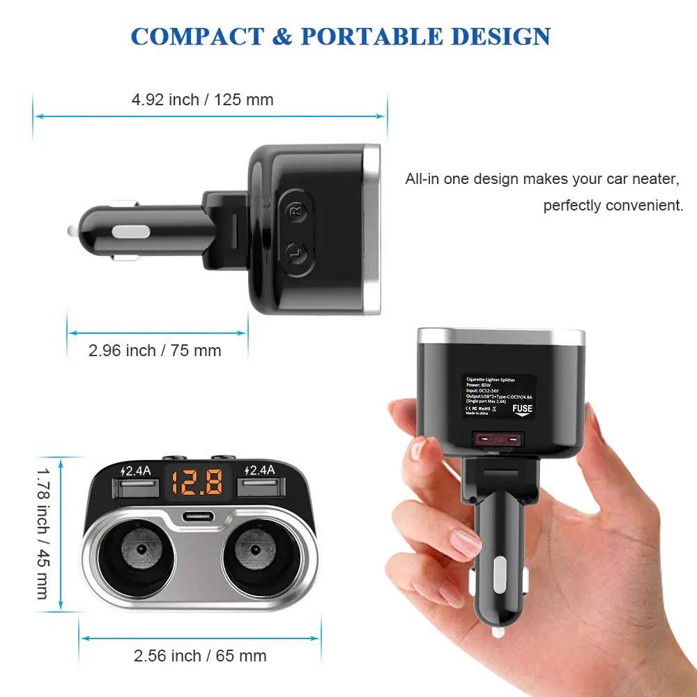 

Fast Charging Car Cigarette Lighter 2 Socket Splitter Plug LED Car-Charger Adapter Voltage Detection Dual USB For Phone MP3 DVR