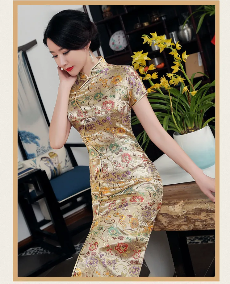 SHENG COCO золотой парчи Qipao китайские платья узор Лето Атлас Qipao наклона пряжки длинные модератор одежда зеленый XXXL