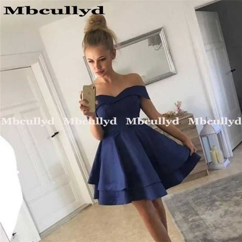 navy blue Mbcully короткие платья для выпускного вечера для девочек, сексуальные платья трапециевидной формы с открытыми плечами без рукавов, Атласные оборки, Короткие/Мини платья для выпускного вечера - Цвет: navy blue