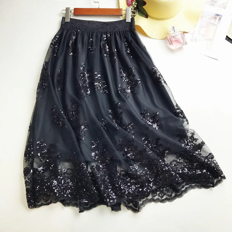 Женская юбка с вышивкой трапециевидная до середины икры из вуали блестками в