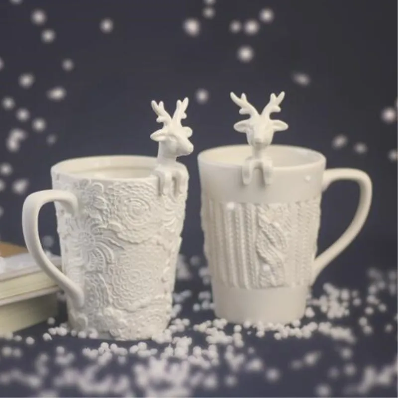 Изысканный 3D тиснение Рождество лося керамика кружки милые кофейные чашки для