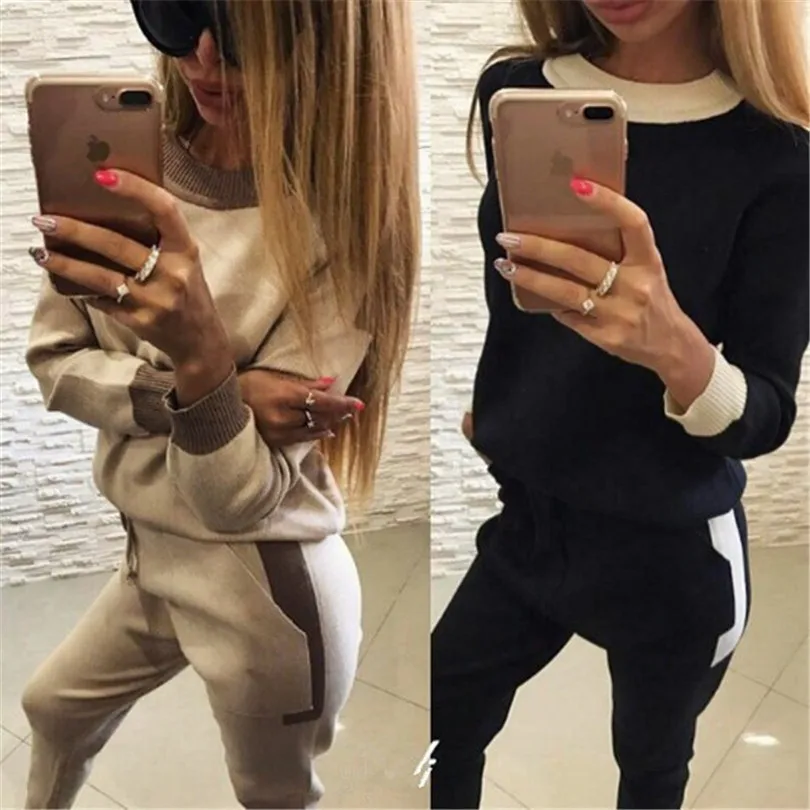 2018 Autumn Women Fashion Suits Patchwork Personality Femme Tracksuits Casual Fitness Two Piece Set Sweatshirts Pants Sets | Женская