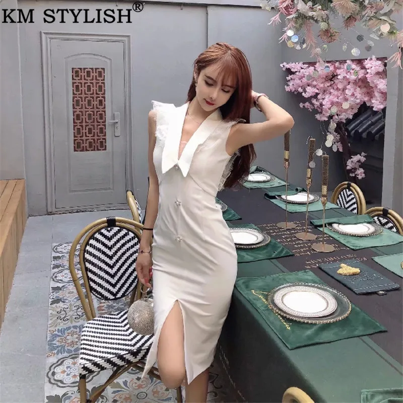 Женское кружевное платье с V-образным вырезом соблазнительное белое разрезом