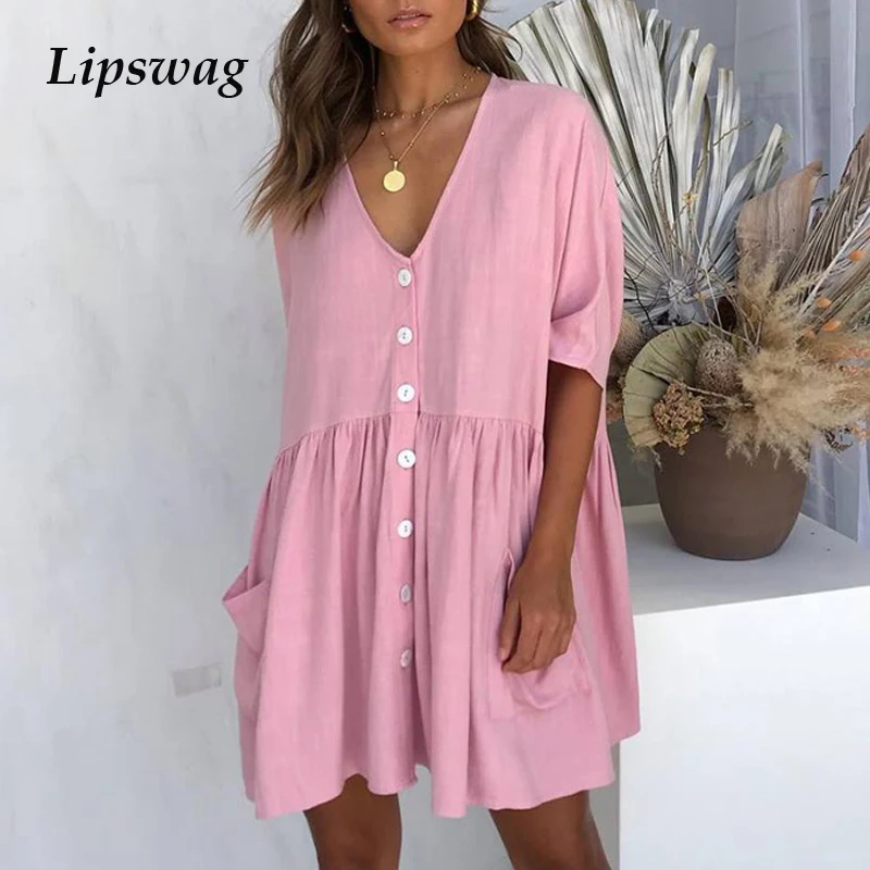 Платье Lipswag женское повседневное мини платье с треугольным вырезом на кнопках и