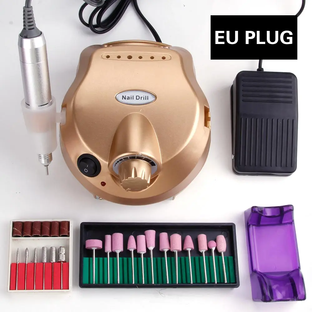 Gold Set EU Plug 30000 об/мин профессиональный Керамический Резак Маникюрный набор электрическая дрель для ногтей фрезерный станок алмазные фрезы инструменты для маникюра - Color: Gold Set EU Plug